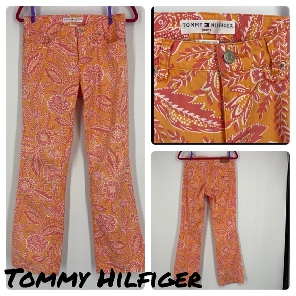 Tommy Hilfiger orange/pink floral boot cut jeans funky unique preppy - Picture 1 of 8